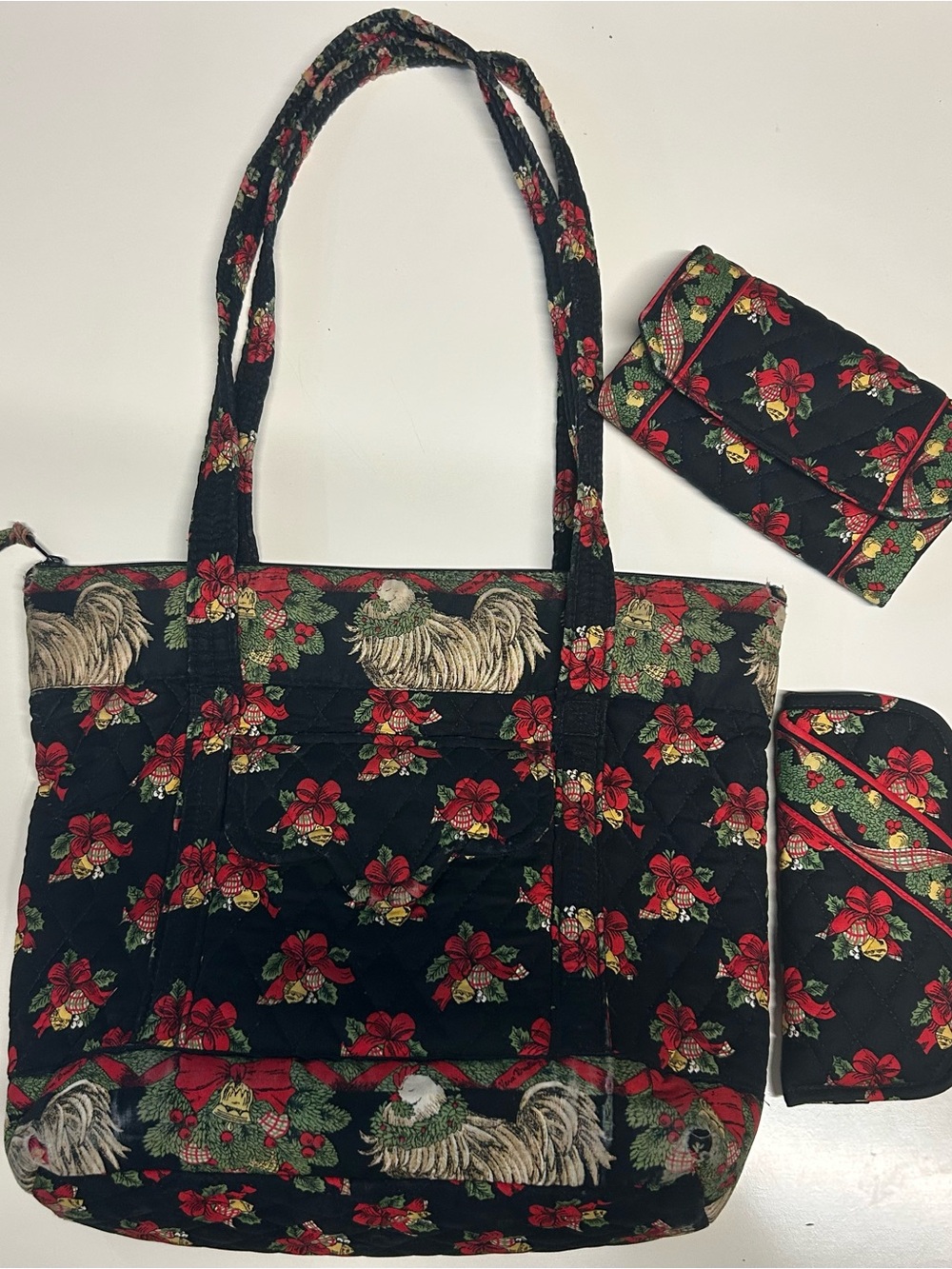 VTG Y2K Vera Bradley Hens & Holly 3pc Set Tote Wallet Glasses Case Christmas